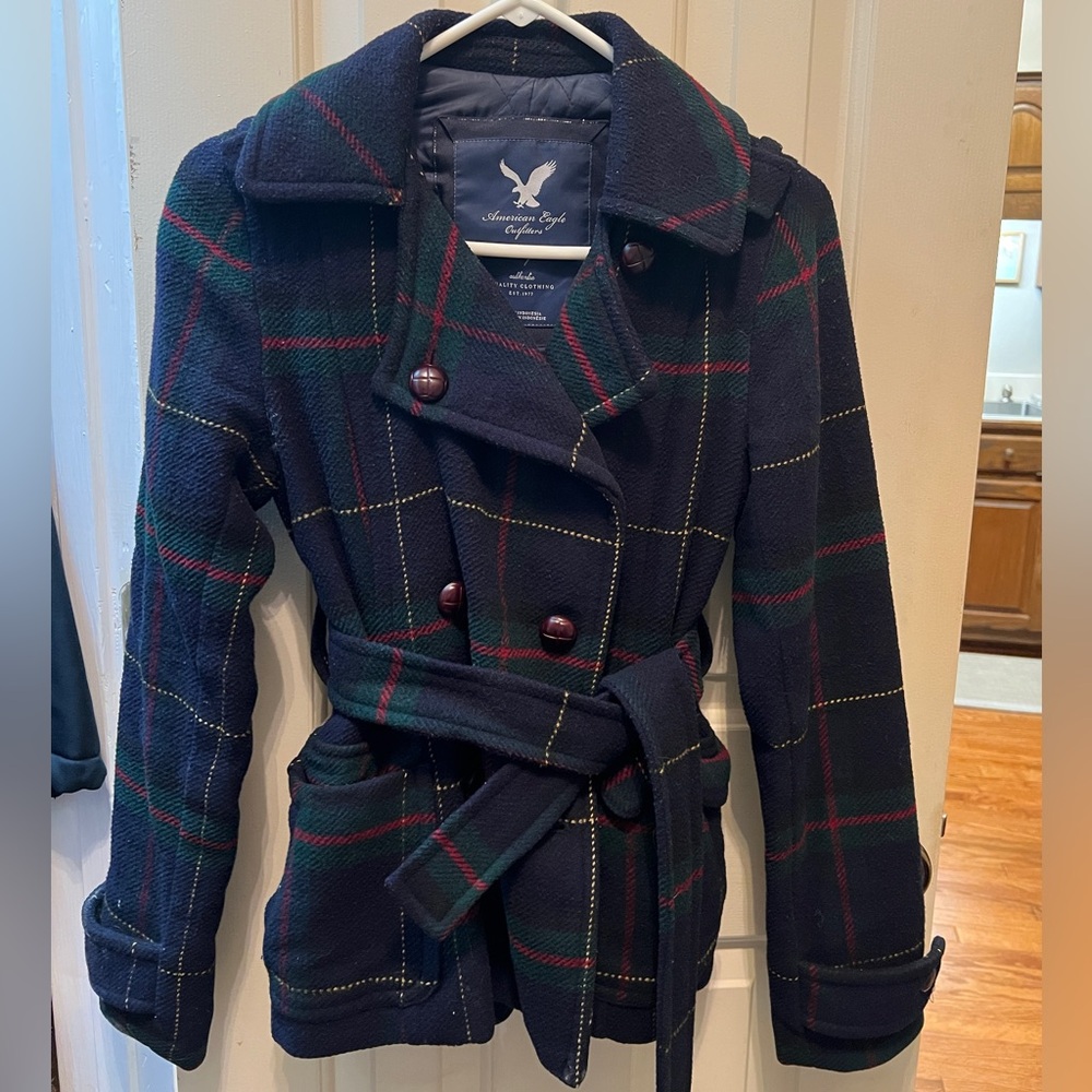 American Eagle Plaid Navy Coat XS